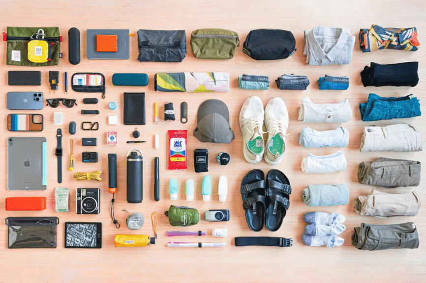 A top view of items to pack for travelling
