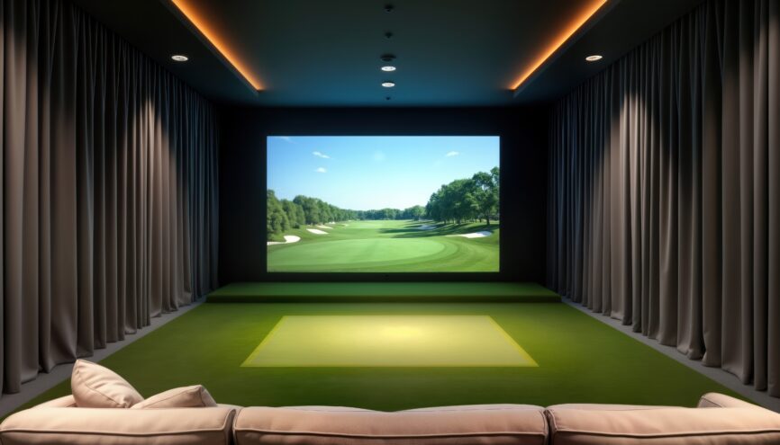 Indoor golf simulator room. Realistic golf course projected on screen.