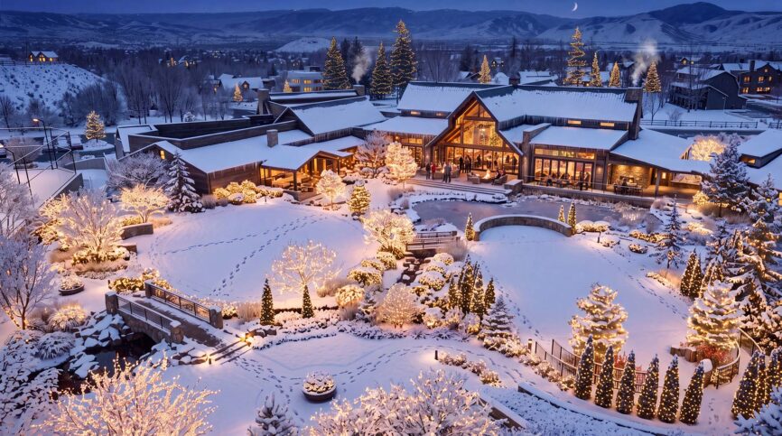Aerial rendering of festive event barn winter scene